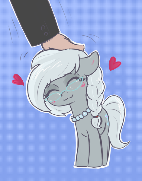 Size: 1160x1480 | Tagged: safe, artist:t72b, derpibooru import, silver spoon, earth pony, human, pony, behaving like a cat, blushing, cute, daaaaaaaaaaaw, disembodied hand, eyes closed, female, filly, floppy ears, glasses, hand, happy, head pat, heart, human on pony petting, jewelry, mare, messy mane, necklace, pat, pearl necklace, petting, scratching, silverbetes, simple background, weapons-grade cute