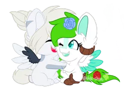 Size: 1439x1080 | Tagged: safe, artist:silentwolf-oficial, derpibooru import, oc, unofficial characters only, pegasus, pony, chibi, duo, flower, flower in hair, hug, one eye closed, open mouth, pegasus oc, simple background, transparent background, two toned wings, wings, wink