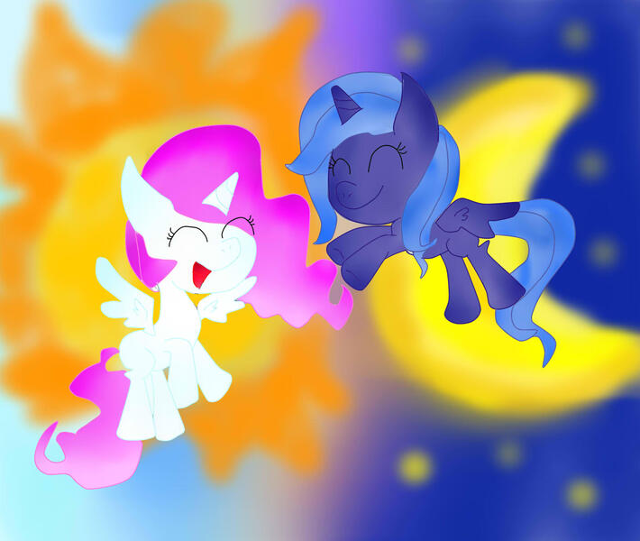 Size: 1666x1407 | Tagged: safe, artist:ameliayap, derpibooru import, princess celestia, princess luna, alicorn, pony, cute, female, filly, moon, sun, younger