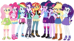 Size: 1024x574 | Tagged: safe, artist:emeraldblast63, derpibooru import, applejack, fluttershy, pinkie pie, rainbow dash, rarity, sci-twi, starlight glimmer, sunset shimmer, twilight sparkle, twilight sparkle (alicorn), alicorn, equestria girls, beanie, boots, clothes, converse, female, glasses, hat, humane five, humane seven, humane six, redesign, shoes, simple background, skirt, tanktop, transparent background, twolight