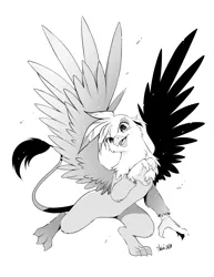 Size: 1224x1584 | Tagged: safe, artist:nekoshiei, derpibooru import, gilda, gryphon, female, monochrome, open mouth, simple background, solo, spread wings, white background, wings