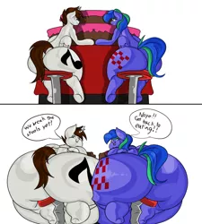 Size: 1620x1800 | Tagged: suggestive, artist:mad'n evil, derpibooru import, oc, oc:felicity stars, oc:neo star, unofficial characters only, alicorn, pegasus, pony, belly, bhm, big belly, butt, cake, dialogue, fat, female, food, furniture abuse, huge butt, large butt, male, mare, morbidly obese, obese, simple background, stallion, stool, stretched cutie mark, the ass was fat, weight gain, white background