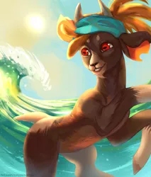 Size: 1838x2160 | Tagged: safe, artist:calypsovantas, derpibooru import, goat, them's fightin' herds, community related, female, ocean, rearing, shanty (tfh), solo, sun, wave