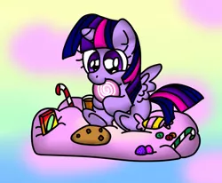 Size: 1072x884 | Tagged: safe, artist:ameliayap, derpibooru import, twilight sparkle, twilight sparkle (alicorn), alicorn, pony, candy, cloud, cookie, cotton candy, cotton candy cloud, cute, female, food, solo, twiabetes, weapons-grade cute