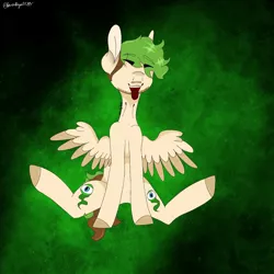 Size: 1280x1280 | Tagged: safe, artist:ravenroyal21, derpibooru import, ponified, pegasus, pony, abstract background, colored hooves, hair over eyes, jacksepticeye, male, signature, sitting, spread wings, stallion, two toned wings, wings