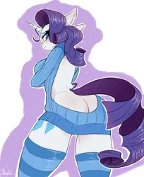 Size: 2200x2700 | Tagged: suggestive, artist:akylie, derpibooru import, rarity, anthro, unicorn, ass, backless, blushing, breasts, butt, clothes, female, high res, looking at you, looking back, looking back at you, open-back sweater, rearity, sexy, sleeveless, sleeveless sweater, socks, stockings, striped socks, sweater, thigh highs, virgin killer sweater