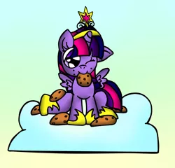 Size: 1326x1273 | Tagged: safe, artist:ameliayap, derpibooru import, twilight sparkle, twilight sparkle (alicorn), alicorn, pony, cloud, cookie, cute, element of magic, female, food, gradient background, one eye closed, solo, twiabetes