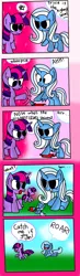 Size: 675x2305 | Tagged: semi-grimdark, artist:ameliayap, derpibooru import, trixie, twilight sparkle, pony, unicorn, blood, chibi, comic, female, filly, glowing horn, horn, toy