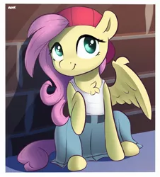 Size: 2563x2841 | Tagged: safe, artist:nookprint, derpibooru import, fluttershy, pegasus, pony, 90s grunge fluttershy, backwards ballcap, baseball cap, belt, brick wall, cap, chest fluff, clothes, female, gameloft, gameloft interpretation, hat, head turn, looking at you, mare, one wing out, outdoors, raised hoof, shirt, sitting, skirt, smiling, solo, t-shirt, wings