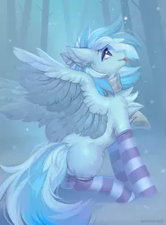 Size: 889x1200 | Tagged: safe, artist:margony, derpibooru import, oc, oc:snowflake, unofficial characters only, pegasus, pony, chest fluff, clothes, ear fluff, scarf, snow, socks, solo, striped socks, winter