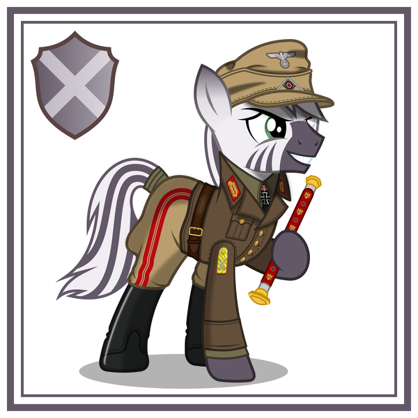 Size: 3000x3000 | Tagged: safe, alternate version, artist:brony-works, derpibooru import, oc, oc:palatinatus clypeus, unofficial characters only, zebra, afrika korps, blind eye, clothes, cutie mark, eye scar, grin, high res, history, image, male, nazi, nazi germany, nazi insignia, nazi uniform, png, scar, smiling, solo, stallion, tail wrap, uniform, zebra oc