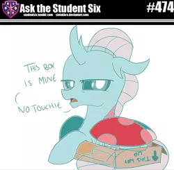Size: 800x784 | Tagged: safe, artist:sintakhra, color edit, derpibooru import, edit, editor:background pony #91z0, ocellus, changedling, changeling, tumblr:studentsix, behaving like a cat, box, changeling in a box, colored, cute, daaaaaaaaaaaw, diaocelles, female, if i fits i sits, looking at you, ocellus is not amused, solo, unamused