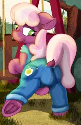 Size: 1400x2160 | Tagged: suggestive, alternate version, artist:not_texmex, derpibooru import, cheerilee, pony, clothes, diaper check, dock, female, frog (hoof), grass, implied diaper, implied diaper usage, looking back, outdoors, overalls, solo, swing set, tree, underhoof