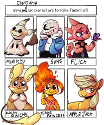Size: 1080x1290 | Tagged: safe, artist:cherrydrip.art, artist:raichi, derpibooru import, applejack, butterfly, chameleon, earth pony, insect, mimikyu, pony, six fanarts, adventure time, animal crossing, anthro with ponies, bone, clothes, crossover, flame princess, flick, grin, heart, male, missing accessory, one eye closed, pokémon, sans (undertale), skeleton, smiling, undertale, wink