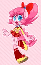 Size: 800x1250 | Tagged: safe, artist:thegreatrouge, derpibooru import, pinkie pie, anthro, clothes, high heels, open mouth, ribbon, shoes, skirt, socks