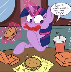 Size: 533x542 | Tagged: safe, artist:retroneb, derpibooru import, twilight sparkle, twilight sparkle (alicorn), alicorn, pony, burger, drink, eating, fast food, female, food, full mouth, hay burger, horseshoe fries, paper cup, solo, speech bubble, twilight burgkle