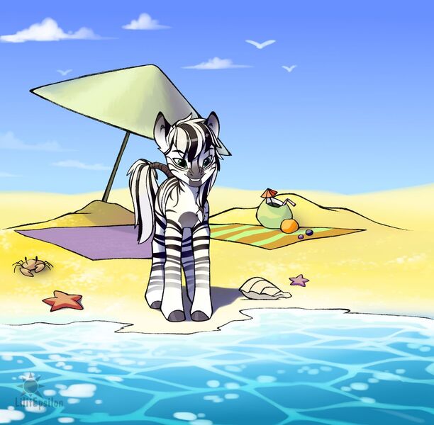 Size: 1280x1255 | Tagged: safe, artist:lilitepsilon, derpibooru import, oc, oc:palatinatus clypeus, unofficial characters only, crab, starfish, zebra, beach, beach towel, cloud, eye scar, eyebrows visible through hair, grin, image, jpeg, male, outdoors, sand, scar, seastar, shell, sky, smiling, solo, stallion, tail wrap, towel, umbrella, water, zebra oc