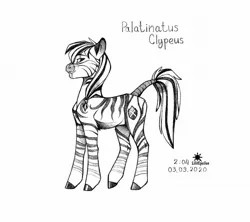 Size: 1280x1139 | Tagged: safe, artist:lilitepsilon, derpibooru import, oc, oc:palatinatus clypeus, unofficial characters only, zebra, eye scar, grayscale, image, jewelry, jpeg, looking at you, male, monochrome, necklace, scar, simple background, sketch, smiling, solo, stallion, tail wrap, time, traditional art, watermark, white background, zebra oc