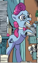 Size: 442x737 | Tagged: safe, derpibooru import, idw, earth pony, pony, spoiler:comic, spoiler:comic79, blue bureau, cute, female, glasses, mare, tongue out