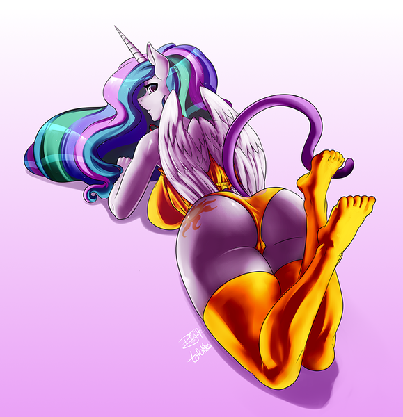 Size: 772x800 | Tagged: questionable, artist:pia-sama, derpibooru import, princess celestia, anthro, plantigrade anthro, ass, big breasts, bra, breasts, busty princess celestia, butt, cat lingerie, clothes, digital art, feet, female, from behind, image, lingerie, looking back, lying down, panties, png, praise the sun, prone, smiling, socks, solo, solo female, stocking feet, sunbutt, the pose, thigh highs, underwear, yellow bra, yellow panties, yellow underwear