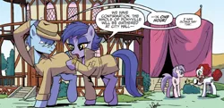 Size: 1496x727 | Tagged: safe, derpibooru import, idw, blue beats, key note, synthcord, unnamed character, unnamed pony, earth pony, pony, spoiler:comic, spoiler:comic79, clothes, clown, female, male, mare, smiling, stallion, trenchcoat