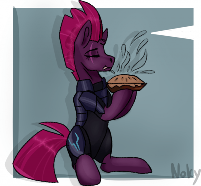 Size: 960x886 | Tagged: dead source, safe, artist:zarioly, derpibooru import, tempest shadow, pony, unicorn, armor, bodysuit, broken horn, clothes, commission, cute, eye scar, eyes closed, female, food, horn, indexed png, licking, licking lips, mare, pie, raised hoof, scar, sitting, solo, tempestbetes, tongue out, ych example, your character here