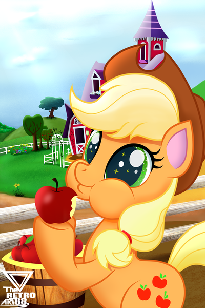 Size: 2486x3729 | Tagged: safe, artist:theretroart88, derpibooru import, applejack, earth pony, pony, apple, barn, basket, cowboy hat, cute, cutie mark, eating, female, food, fruit, hat, herbivore, high res, jackabetes, solo, stetson, sweet apple acres