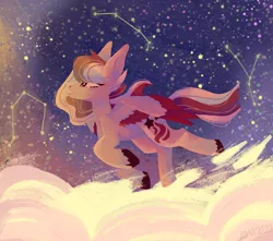 Size: 2271x2005 | Tagged: safe, artist:raya, derpibooru import, oc, oc:dusty ember, unofficial characters only, pegasus, pony, commission, complex background, constellation, night, pegasus oc, running, solo, stars, unshorn fetlocks, wings