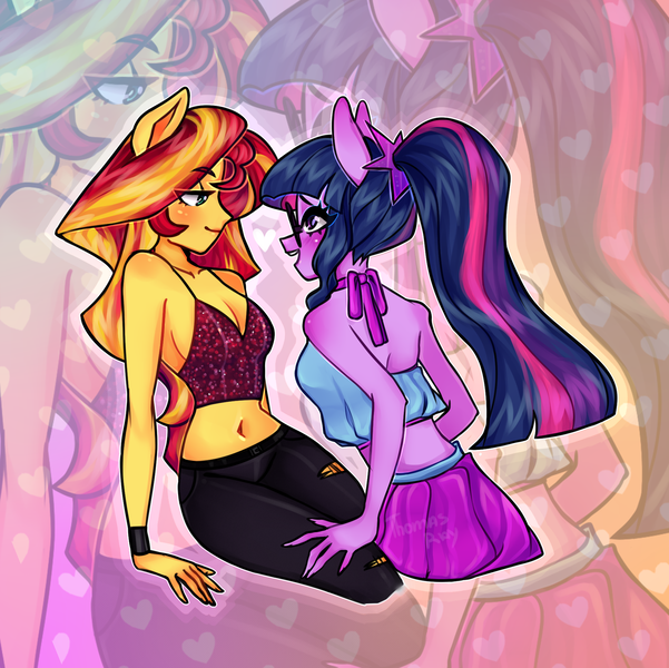 Size: 1955x1953 | Tagged: safe, artist:thomasray, derpibooru import, sci-twi, sunset shimmer, twilight sparkle, equestria girls, adorasexy, alternate hairstyle, backless, bedroom eyes, belly button, blushing, bow, bra, bracelet, breasts, cleavage, clothes, crop top bra, cute, eye clipping through hair, eye contact, eyebrows visible through hair, eyelashes, female, glasses, happy, heart, imminent kissing, jeans, jewelry, lesbian, lidded eyes, looking at each other, midriff, open mouth, pants, ponied up, ponytail, scitwishimmer, sexy, shimmerbetes, shipping, short shirt, sideboob, skirt, sleeveless, smiling, sunsetsparkle, tanktop, thighs, torn clothes, twiabetes, underwear, zoom layer