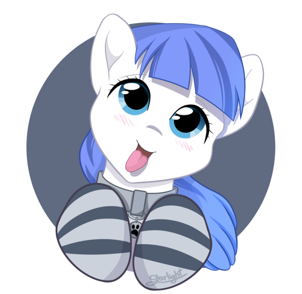 Size: 2058x2000 | Tagged: safe, alternate version, artist:starlight, derpibooru import, oc, oc:snow pup, pony, :p, blushing, bust, clothes, collar, cute, happy, head tilt, panting, pet tag, portrait, simple background, socks, solo, striped socks, tongue out, transparent background