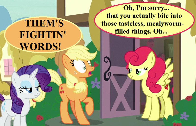 Size: 924x594 | Tagged: safe, derpibooru import, edit, edited screencap, screencap, applejack, rarity, strawberry sunrise, honest apple, angry, applejack's hat, backhanded apology, cowboy hat, cropped, dialogue, hat, ponyville, speech bubble, strawberry savage, that pony sure does hate apples