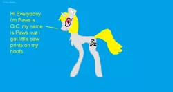 Size: 1606x852 | Tagged: safe, artist:pawstheartest, derpibooru import, oc, unofficial characters only, pony, unicorn, blue background, chest fluff, female, horn, mare, paw prints, simple background, solo, talking, unicorn oc