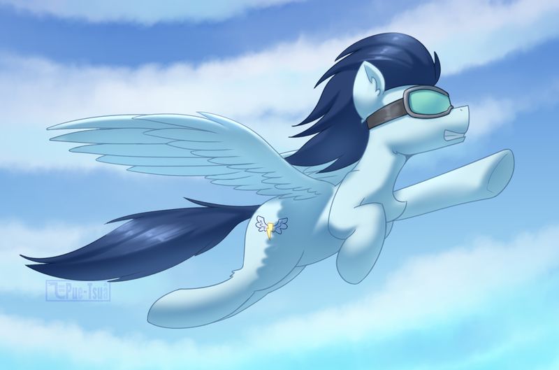 Size: 1693x1119 | Tagged: safe, artist:puetsua, derpibooru import, soarin', pegasus, pony, cloud, flying, goggles, gritted teeth, male, old cutie mark, signature, sky, solo, spread wings, stallion, wings