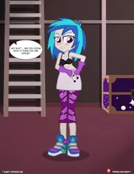 Size: 1500x1942 | Tagged: suggestive, artist:dieart77, derpibooru import, part of a set, vinyl scratch, comic:vinyl scratch undress, equestria girls, bedroom eyes, belly button, black underwear, blushing, bra, breasts, cleavage, clothes, female, glasses, glasses off, looking at you, looking back, looking over shoulder, open clothes, open shirt, talking to viewer, underwear