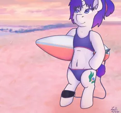 Size: 3356x3127 | Tagged: safe, artist:legionsunite, derpibooru import, oc, oc:magenta pulse, pony, semi-anthro, unicorn, beach, belly button, bikini, clothes, female, mare, solo, sunset, surfboard, swimsuit