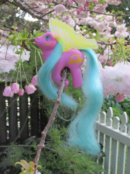 Size: 2121x2828 | Tagged: safe, artist:normaleeinsane, derpibooru import, sunglider, female, g1, long tail, solo, toy, tree, windy wing ponies