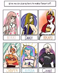 Size: 768x960 | Tagged: safe, artist:lunaregueira, derpibooru import, princess celestia, human, six fanarts, bust, clothes, crossed arms, crossover, darcy (winx club), female, fingerless gloves, gloves, humanized, jasper (steven universe), jewelry, love nikki-dress up queen, nail polish, necklace, smiling, star vs the forces of evil, steven universe, tiara, winx club