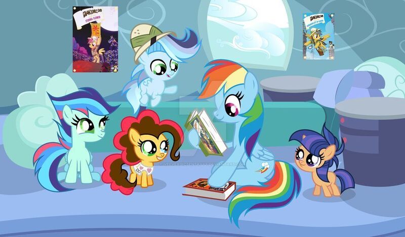 Size: 1024x599 | Tagged: safe, artist:velveagicsentryyt, derpibooru import, rainbow dash, oc, oc:galaxy swirls, oc:party pie, oc:prisdale, oc:rainbow blitzes, earth pony, pegasus, pony, unicorn, 5-year-old, book, colt, female, filly, male, offspring, parent:cheese sandwich, parent:flash sentry, parent:pinkie pie, parent:rainbow dash, parent:soarin', parent:twilight sparkle, parents:cheesepie, parents:flashlight, parents:soarindash