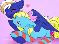 Size: 4000x3000 | Tagged: safe, artist:incendiaryboobs, derpibooru import, oc, oc:cuteamena, oc:electric blue, unofficial characters only, earth pony, pegasus, pony, blushing, clothes, couple, electricute, facial hair, female, hug, love, male, mare, shipping, socks, stallion, striped socks, winghug