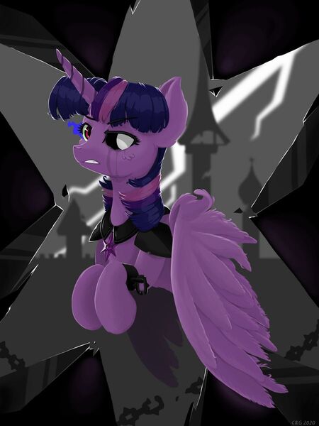 Size: 900x1200 | Tagged: safe, alternate version, artist:qzygugu, derpibooru import, twilight sparkle, twilight sparkle (alicorn), alicorn, pony, alternate universe, chains, clothes, corrupted, corrupted twilight sparkle, crying, dark, dark equestria, dark magic, dark queen, dark twilight, dark twilight sparkle, dark world, darklight, darklight sparkle, evil twilight, female, jewelry, magic, mare, necklace, possessed, queen twilight, queen twilight sparkle, solo, sombra empire, sombra eyes, twilight is anakin, tyrant sparkle