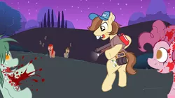 Size: 800x450 | Tagged: grimdark, artist:dracojeff, derpibooru import, hayseed turnip truck, pinkie pie, earth pony, pony, undead, zombie, zombie pony, blood, cap, commission, digital art, gun, hat, left 4 dead, left 4 dead 2, shooting, shotgun, violence, weapon