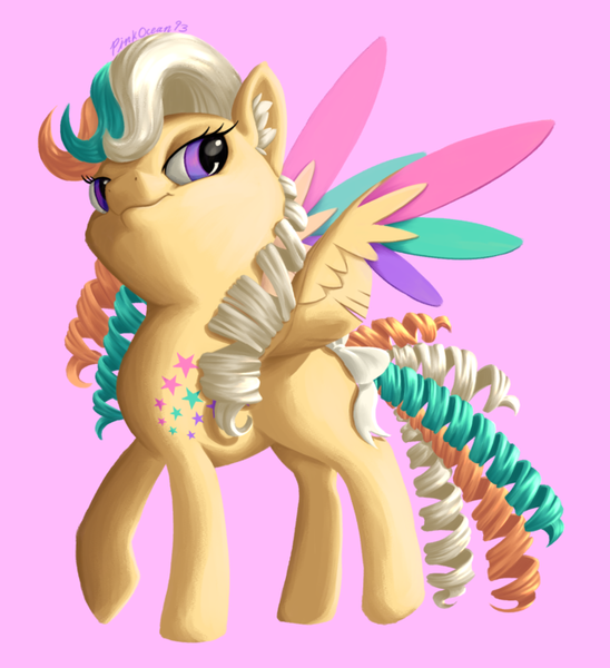 Size: 640x701 | Tagged: safe, artist:pinkocean93, derpibooru import, ringlet (g1 rainbow curl), pegasus, pony, drill hair, female, g1, mare, pink background, rainbow curl pony, simple background, solo