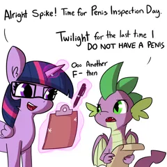 Size: 4500x4500 | Tagged: suggestive, artist:tjpones, derpibooru import, spike, twilight sparkle, twilight sparkle (alicorn), alicorn, dragon, pony, clipboard, duo, female, glasses, implied cloaca, magic, male, pen, penis inspection day, scroll