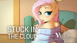 Size: 1280x720 | Tagged: safe, artist:spectre-z, derpibooru import, edit, fluttershy, pegasus, pony, semi-anthro, adorasexy, bed, bedroom eyes, chest fluff, clothes, cropped, cute, female, fluttershy's cottage (interior), human shoulders, indoors, lidded eyes, looking at you, mare, off shoulder, off shoulder sweater, open mouth, pillow, promo, sexy, solo, spread wings, sunlight, sweater, sweatershy, three quarter view, wings