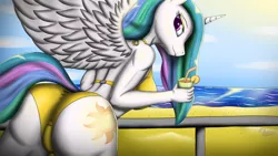 Size: 3840x2160 | Tagged: suggestive, artist:bomzzzik, derpibooru import, princess celestia, alicorn, anthro, pony, bikini, breasts, butt, clothes, drink, eyeshadow, female, looking at you, makeup, praise the sun, smiling, solo, solo female, sunbutt, swimsuit, wings, yellow swimsuit