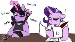 Size: 1200x675 | Tagged: safe, artist:lrusu, derpibooru import, starlight glimmer, twilight sparkle, pony, unicorn, ..., alternate hairstyle, alternate universe, choker, ear piercing, earring, glowing horn, horn, jewelry, magic, piercing, punk, punklight sparkle, simple background, telekinesis, white background