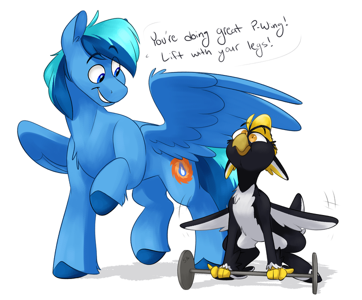 Size: 4153x3453 | Tagged: safe, artist:luximus17, derpibooru import, oc, oc:ping wing, oc:umami stale, bird, penguin, do you even lift, encouragement, flapping, lifting, meme, silly, straining