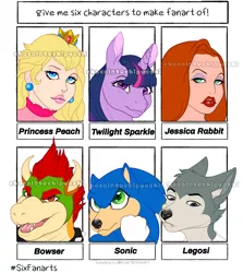 Size: 1827x2048 | Tagged: safe, artist:chocolatechipyoshi, derpibooru import, twilight sparkle, anthro, hedgehog, human, pony, unicorn, wolf, six fanarts, anthro with ponies, beastars, bowser, bust, clothes, crossover, crown, female, gloves, horn, horns, jessica rabbit, jewelry, legosi (beastars), lipstick, male, mare, open mouth, princess peach, regalia, smiling, sonic the hedgehog, sonic the hedgehog (series), super mario bros., unicorn twilight, watermark, who framed roger rabbit