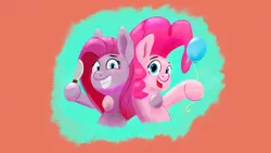 Size: 2000x1125 | Tagged: safe, artist:dummyhorse, derpibooru import, pinkie pie, earth pony, pony, atg 2020, balloon, bust, duality, female, grin, hoof hold, hug, knife, looking at you, mare, newbie artist training grounds, open mouth, pinkamena diane pie, smiling