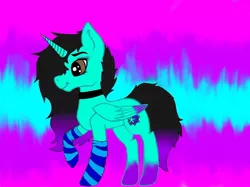 Size: 1080x809 | Tagged: safe, artist:applebutter.artz, derpibooru import, oc, unofficial characters only, alicorn, pony, abstract background, alicorn oc, choker, clothes, horn, raised hoof, smiling, socks, solo, striped socks, wings